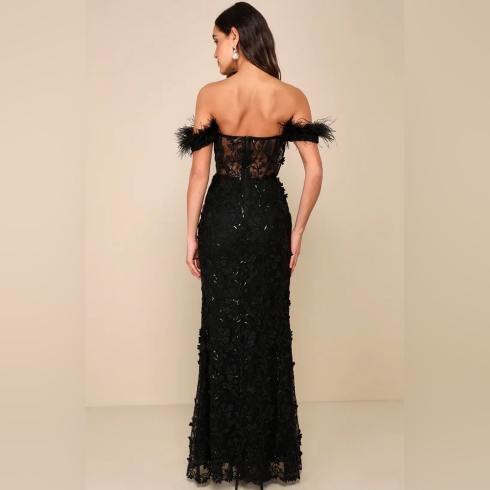MIDNIGHT SPARKLE BLACK EMBROIDERED FEATHER BUSTIER MAXI DRESS - Picture 3 of 10